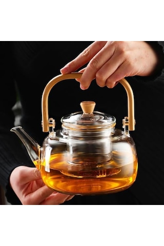 Bambu Saplı Isıya Dayanıklı Borosilikat Cam Süzgeçli Demlik 1000ml, Isıya Dayanıklı Cam Bitki Çayı Demliği 1 Çok Renkli