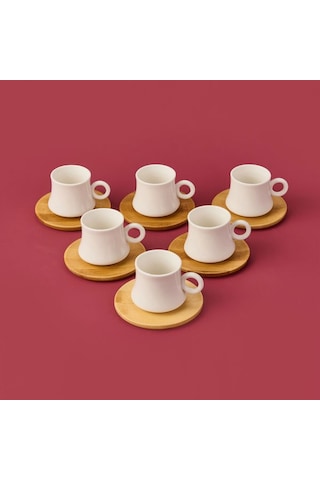 Mien Bambu Tabaklı Dar Fincan Seti - Açık Kahverengi / Beyaz - 100 Ml Açık Kahverengi / Beyaz