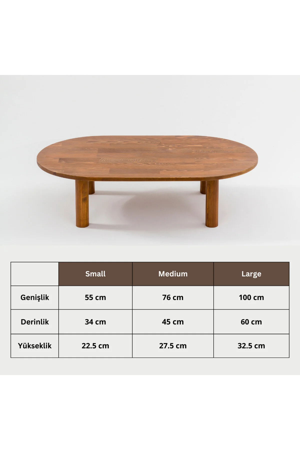Furnirem Masif Çam Ahşap Oval Orta Sehpa Modern Salon Sehpası 76x45 Cm Koyu Ceviz
