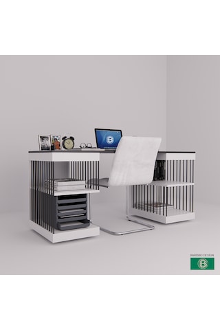 Çalışma Masası Raflı Çift Renk Modern Beyaz - Antrasit