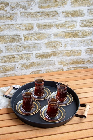 2'li Ahşap Kulplu 45 Cm Metal Tepsi Ve 37 Cm Siyah Tepsi Çay Kahve Sunum Tepsisi Siyah