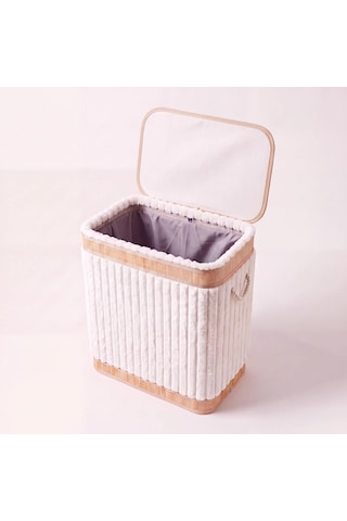 Bambu Ve Peluş Kapaklı Kirli Çamaşır Sepeti 60x54x35 Cm - Büyük Boy Banyo Ve Yatak Odası Düzenleyici Kirli Çamaşır Kovası Ev Tekstili Saklama Kutusu Beyaz Çok Renkli