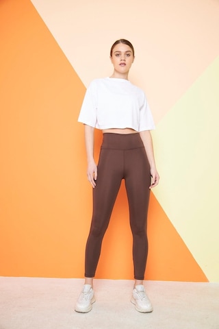 Kahverengi Yüksek Bel Sıkılaştırıcı Toparlayıcı Kışlık Şardonlu Dalgıç Kumaş Spor Günlük Tayt Kahverengi