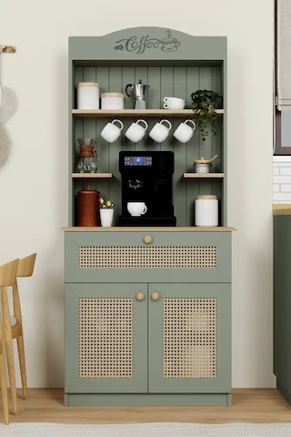 Lucas 2 Kapaklı Çekmeceli Pvc Hasır Desen Kahve Köşesi & Çok Amaçlı Mutfak Dolabı-açık Ceviz & Yeşil Yeşil
