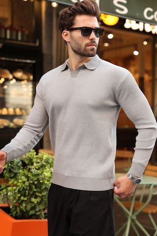 Madmext Gri Polo Yaka Dokulu Erkek Triko Kazak E7511 Gri/beyaz