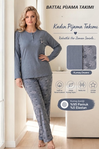 Boyraz Lindros Kadın Düğme Yaka Raporlu İnterlok Kışlık Battal Pijama Takımı 02735 - 1 Adet Füme