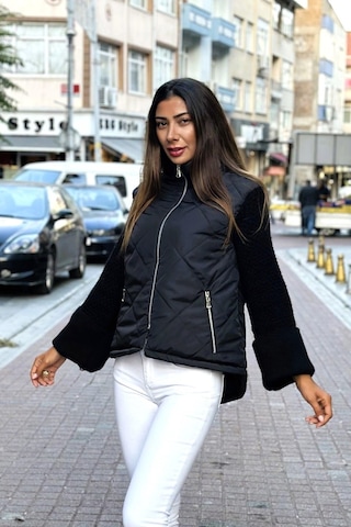 Keyifli Moda Kadın Siyah Dik Yaka Kolları Triko Cepleri Fermuarlı Şişme Mont - 42 Siyah