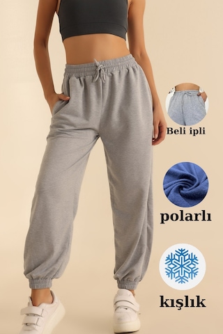 Kadın Yüksek Bel İçi Polarlı Üç İplik Gri Eşofman Altı Gri