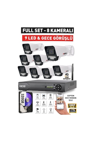 8 Kameralı 5mp Lensli 1080p Fullhd - Gece Görüşlü 9 Led Güvenlik Kamerası Seti - 320gb