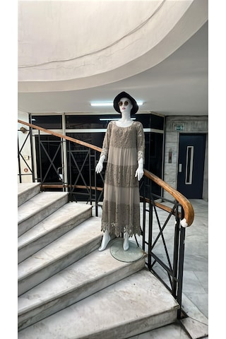 Eren Style İtalyan Sunshine İpek Detaylı Dantelli Elbise-9033 Vizon
