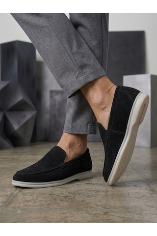 DMR Elegance Ba0252 %100 İçi Dışı Hakiki Deri Erkek Siyah Süet Casual Loafer Termo Taban Ayakkabı Rekli