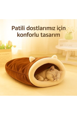 Kedi Mağarası 45 50 Cm Yumuşak Peluş Kedi Uyku Tüneli, Kapalı Güvenli Kedi Yatağı, Yıkanabilir, Sıcak T