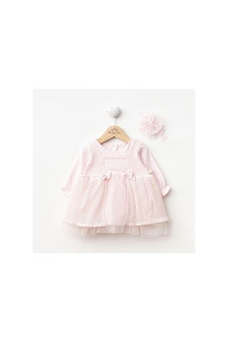 Ürünya Kız Bebek Uzun Kollu Aksesuarlı Dantelli Tüllü Elbise Pembe