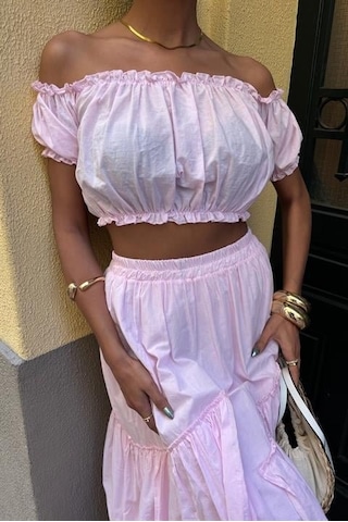 Amorluxe Büzgülü Crop Kat Detaylı Fırfır Etekli Takım 10196 Pembe