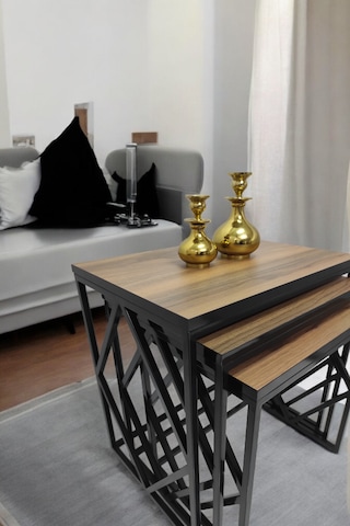 Mobievim Venice Siyah Metal Ayaklı Ceviz Üst Tablalı Zigon Sehpa