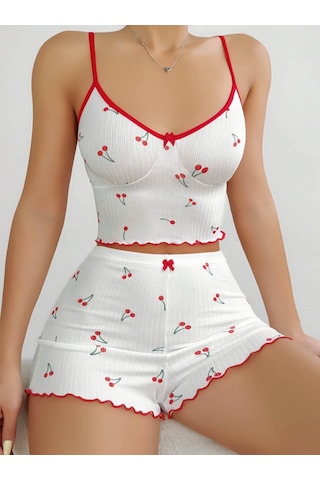 Fantezia Kadın Vişne Desenli Dantel Askılı Şortlu Pijama Takımı 5193 Beyaz