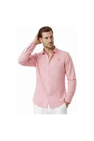 Deepsea Kırmızı Slim Fit Çizgili %100 Pamuk Erkek Gömlek Nefes Alan Şık Günlük Gömlek 2602626 Kırmızı