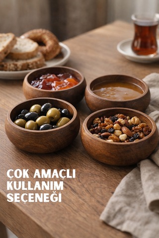Doğal Akasya Ahşap Çerezlik 8'li Set Kahvaltı & Çerez Sunum Kasesi 9 Cm Kahverengi