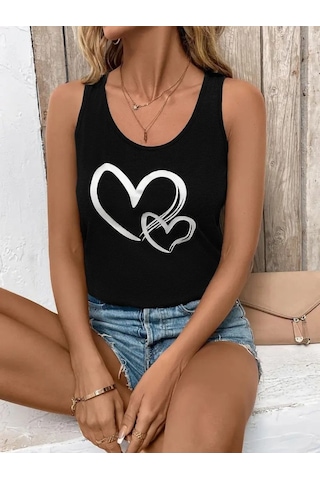 Ge Ticaret Kadın Askılı Yuvarlak Yaka Kalp Baskılı Viskon Bluz Siyah