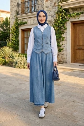 Hb Harma Time Butik Kadın Düğmeli Ve Cepli Kot Mavi Tunik Etek İkili Takım