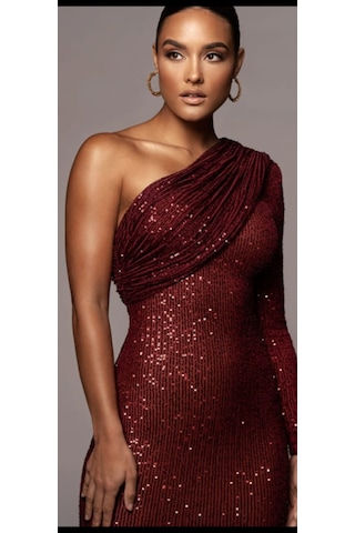 Hanife Glam Couture Hanife Glam Pulpayet Işlemeli Tek Kollu Midi Elbise Bordo