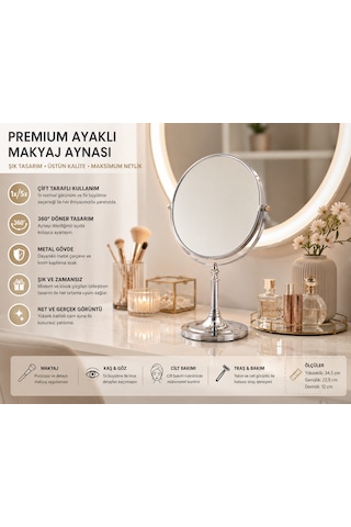 Çift Taraflı Ayaklı Makyaj Aynası 1x + 5x Büyütmeli 360 Döner Krom Metal Masa Aynası