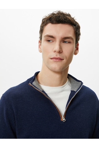 Koton Yarım Fermuarlı Kazak Slim Fit Uzun Kollu Dirsek Detaylı Lacivert 4sam70005ht Lacivert