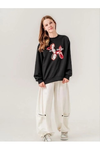 Kız Çocuk İki İplik Magic Baskılı Tasarım Sweatshirt-14215 Siyah