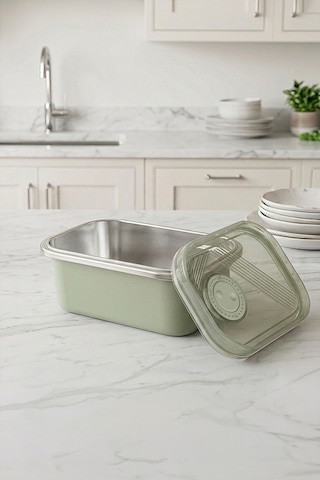 Stainless Paslanmaz Çelik Vakumlu Saklama Kabı,fırın Ve Kek Kabı Kahvaltılık 300 Ml Yeşil