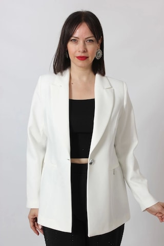Moda Berray 1904 Beyaz Fermuarlı Cep Aksesuarlı Kadın Büyük Beden Blazer Ceket Beyaz