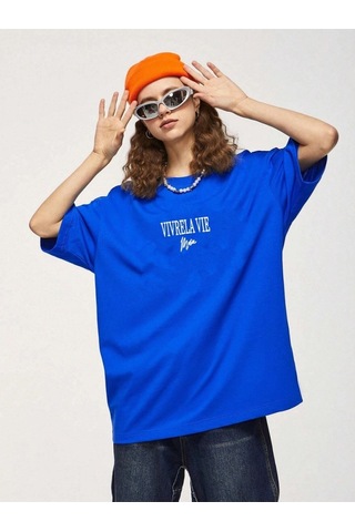 Flood Of Style Unisex Mavi Vivre La Vie Baskılı Oversize Bisiklet Yaka Penye Tişört