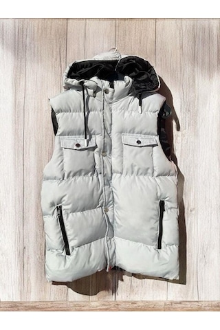 Çocuk Kapüşonlu Cep Detaylı Şişme Kalın Yelek-15008 Gri