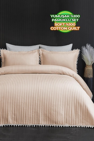 Evlen Home Collection Ponponlu Çift Kişilik %100 Pamuk Yatak Örtüsü Pike Takımı Bej