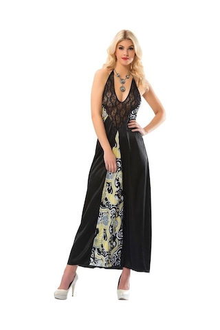 Sistina Bayan Siyah Dantelli Saten Uzun Gecelik 086 Siyah