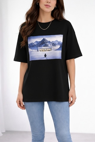 Soft&Basic Kadın %100 Organik Pamuk Baskılı Bisiklet Yaka T-shirt Siyah