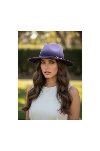 Gigi Luxe Özel Tasarım Fedora Fötr Şapka Ayarlanabilir Gold Aksesuarlı Kovboy Fötr Mor Mor