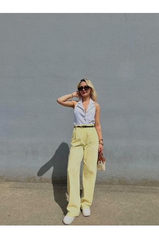 Keymoda Kadın Keten Kemerli Pantolon Sarı Sarı