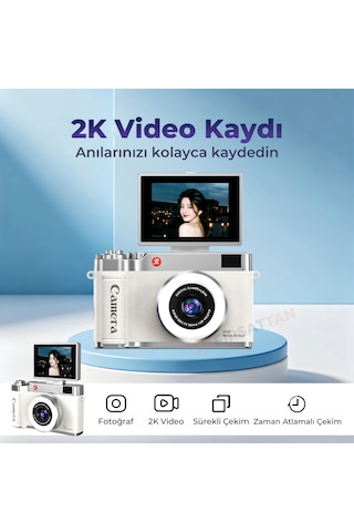 Retro Dijital Fotoğraf Makinesi 2k Video 40mp 2,4 İnç Flip Ekranlı Led Işıklı Selfie Vlog Kamerası