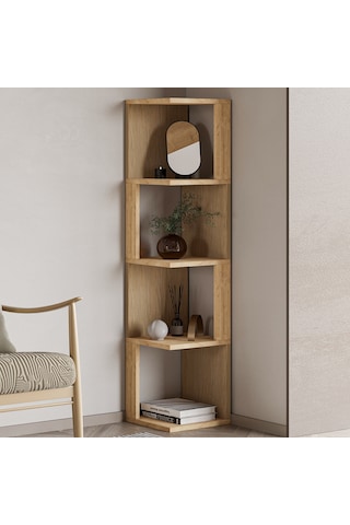 Herry Köşe Kitaplık Dekoratif Raf Ünitesi, Modern Kütüphane Sıcak Meşe/safir Meşe