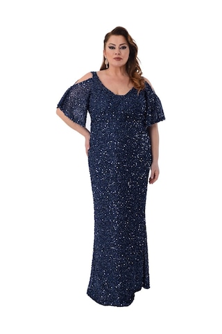 Lilas Xxl Kadın Büyük Beden Full Pul Payet İşlemeli Yarım Kol Maxi Boy Abiye Elbise 2530 Lacivert Lacivert