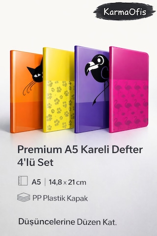 Premium A5 Kareli Defter 4 Lü Set Pp Plastik Kapak, Dayanıklı Ve Şık Tasarım