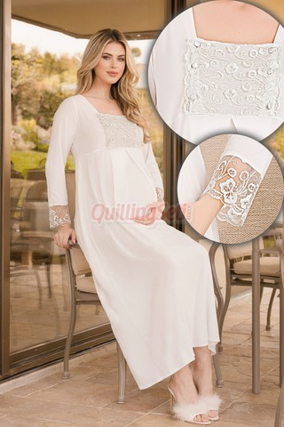 Lady Ekru Renk Dantel Detaylı 33501 Sabahlıklı 2li Hamile Gecelik Takım Set