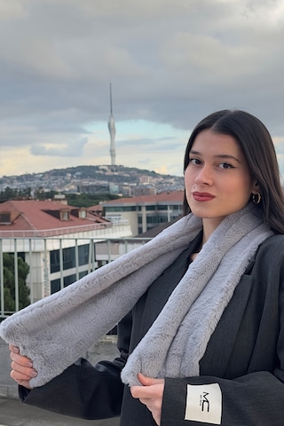 Mollycrush Peluş Yumuşak Soft Atkı Kışlık Suni Kürklü Gri Kadın Atkısı Gri