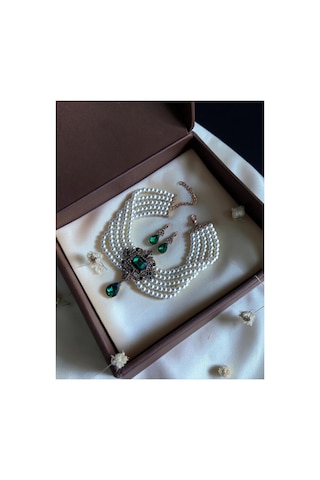 Baget Ve Su Damlası İnci Choker Kolye Ve Küpe Seti Beyaz