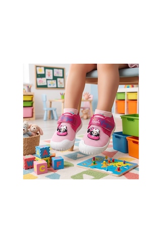 Gezer Çoçuk Unisex Keten Kaymaz Taban Cırtlı Ev, Okul, Kreş ,anaokulu Günlük Kullanım Panduf Pembe Flamingo Kız