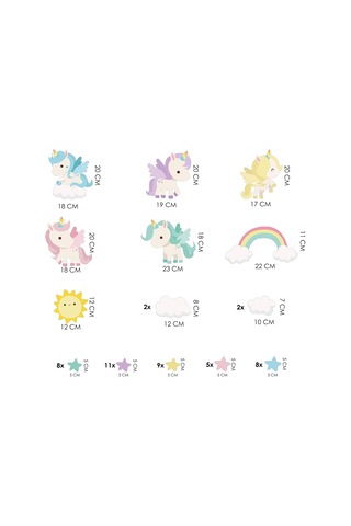 Rengarenk Unicornlar Ve Gökkuşağı Duvar Sticker Seti - Güneş, Yıldızlar Ve Bulutlar Çocuk Odası Dekoratif Çıkartma