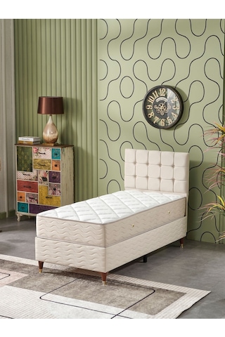 Beehanem Bengü 90x190 Tek Kişilik Baza+başlık+yatak 3 Lü Set Krem 120 X 200