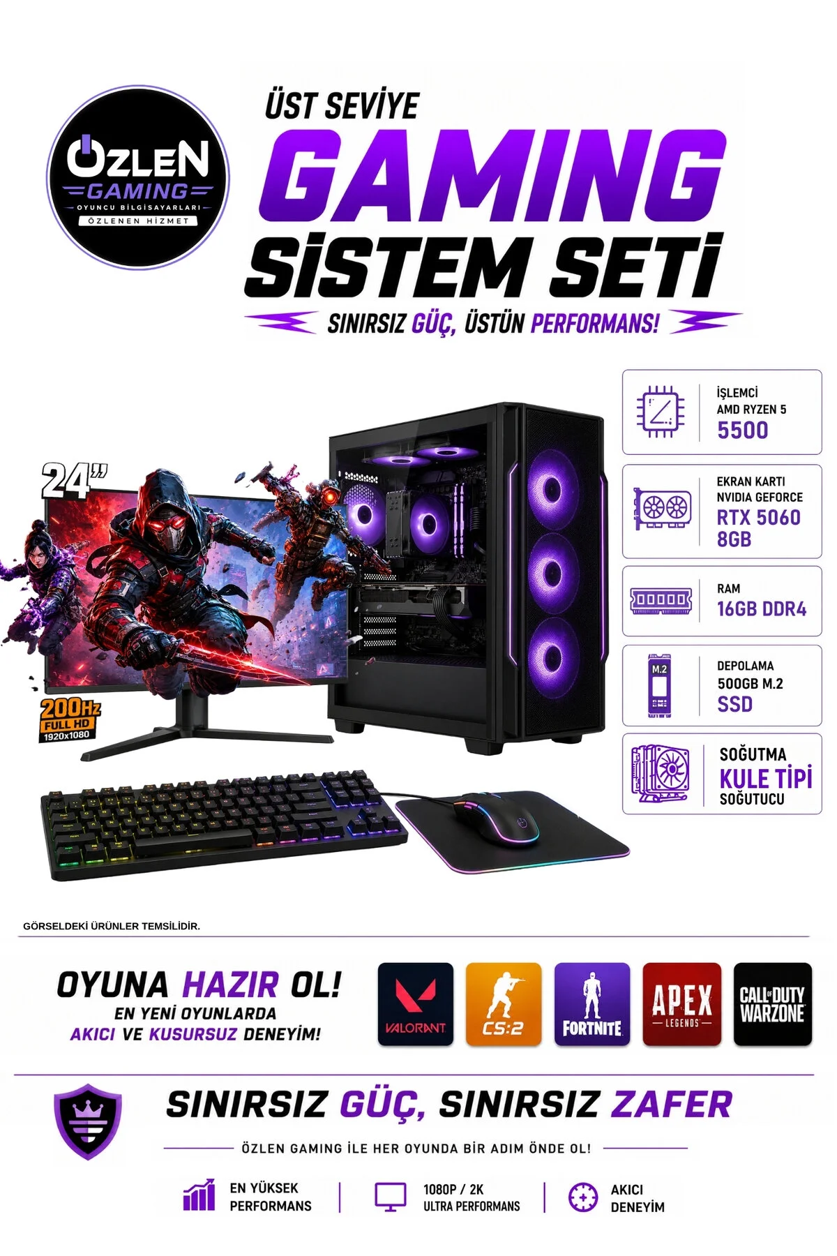 Özlen X4 OZLN-AMD5-5060-16-500 Reyzen 5 5500 8 GB 16 GB 500 GB SSD RTX 5060 24'' W11P FHD Masaüstü Oyuncu Bilgisayarı