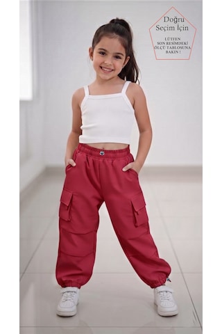 Smalltouch Kız Çocuk Paçası Ve Beli Ayarlanabilir Lastikli Paraşüt Pantolon Kırmızı