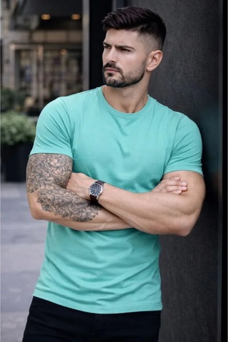 Butik İstanbul Erkek T-shirt Bisiklet Yaka Slim Fit Dar Kesim Likralı Tişört Günlük Basic Body - Turkuvaz Turkuaz